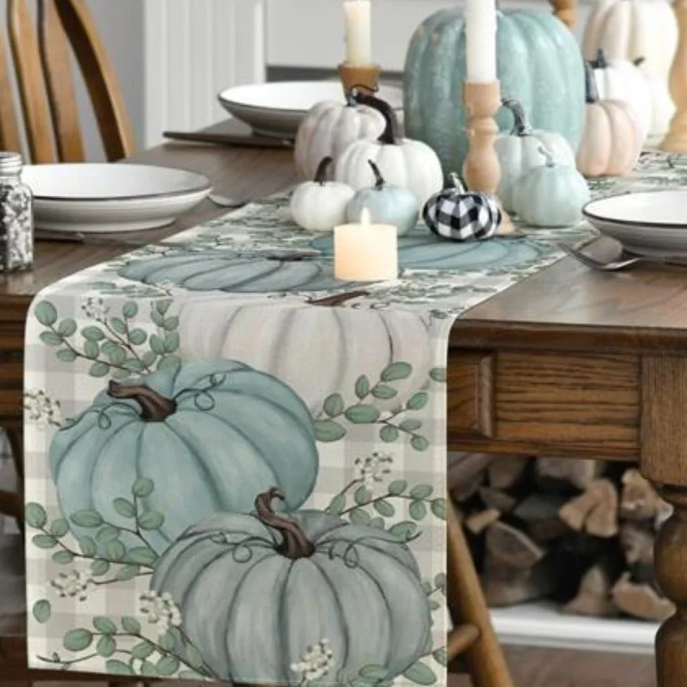Pumpkin Table Runner Decorative Cloth Thanksgiving Decoration Blue Fall Decor